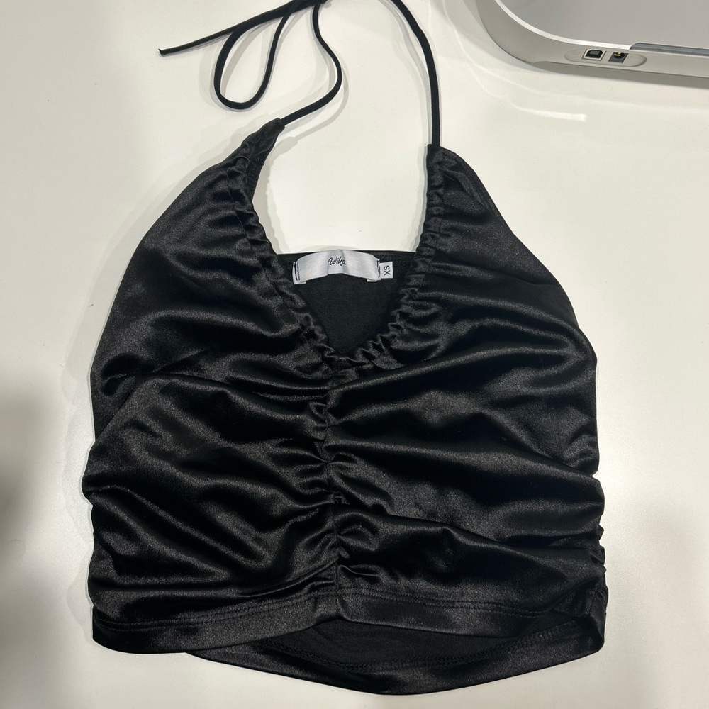 Adika black silky halter crop top